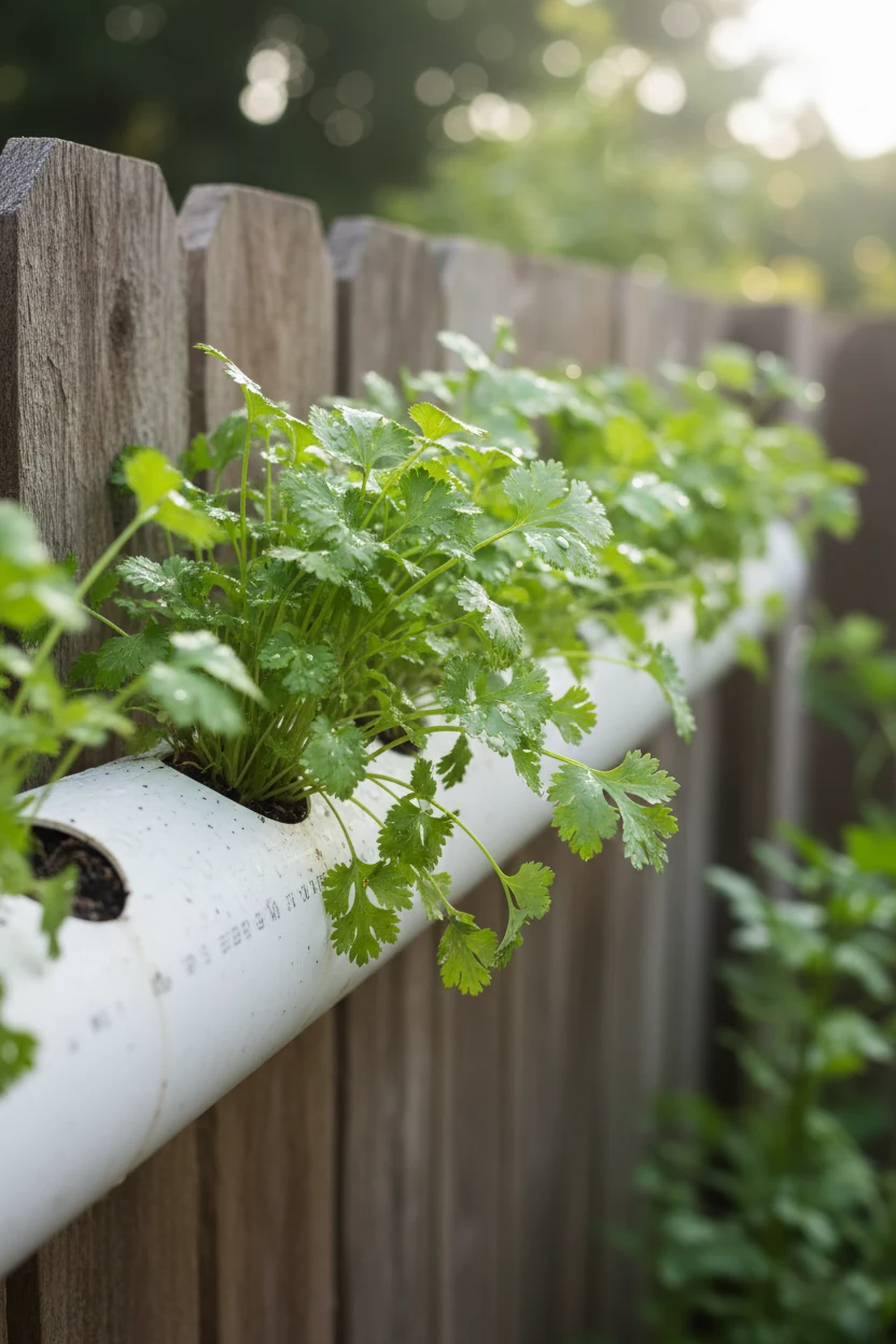 closeup of PVC pipe planter with fresh green coriander leaves