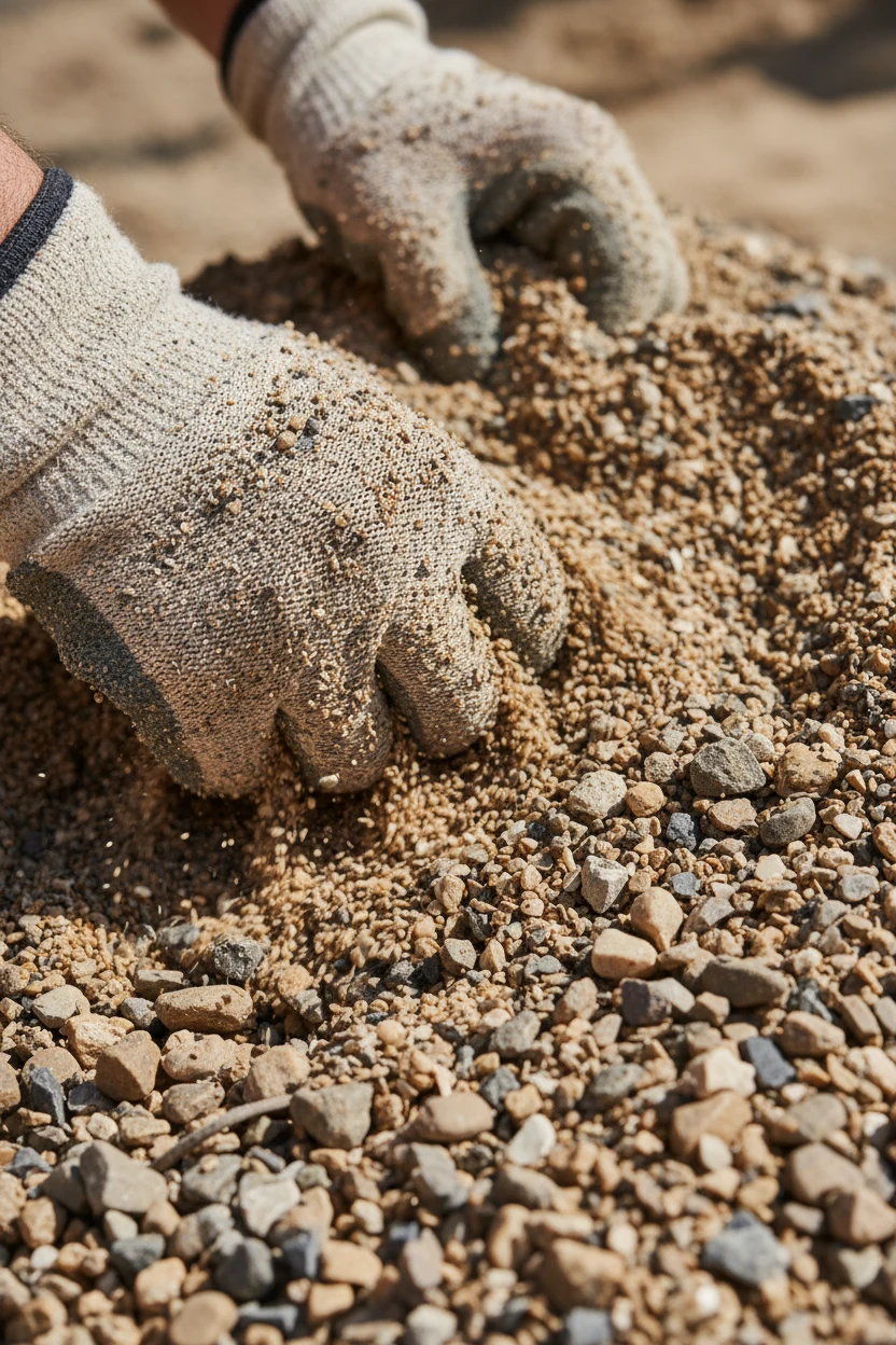 closeup of coarse sand and gravel being mixed by gloved hands