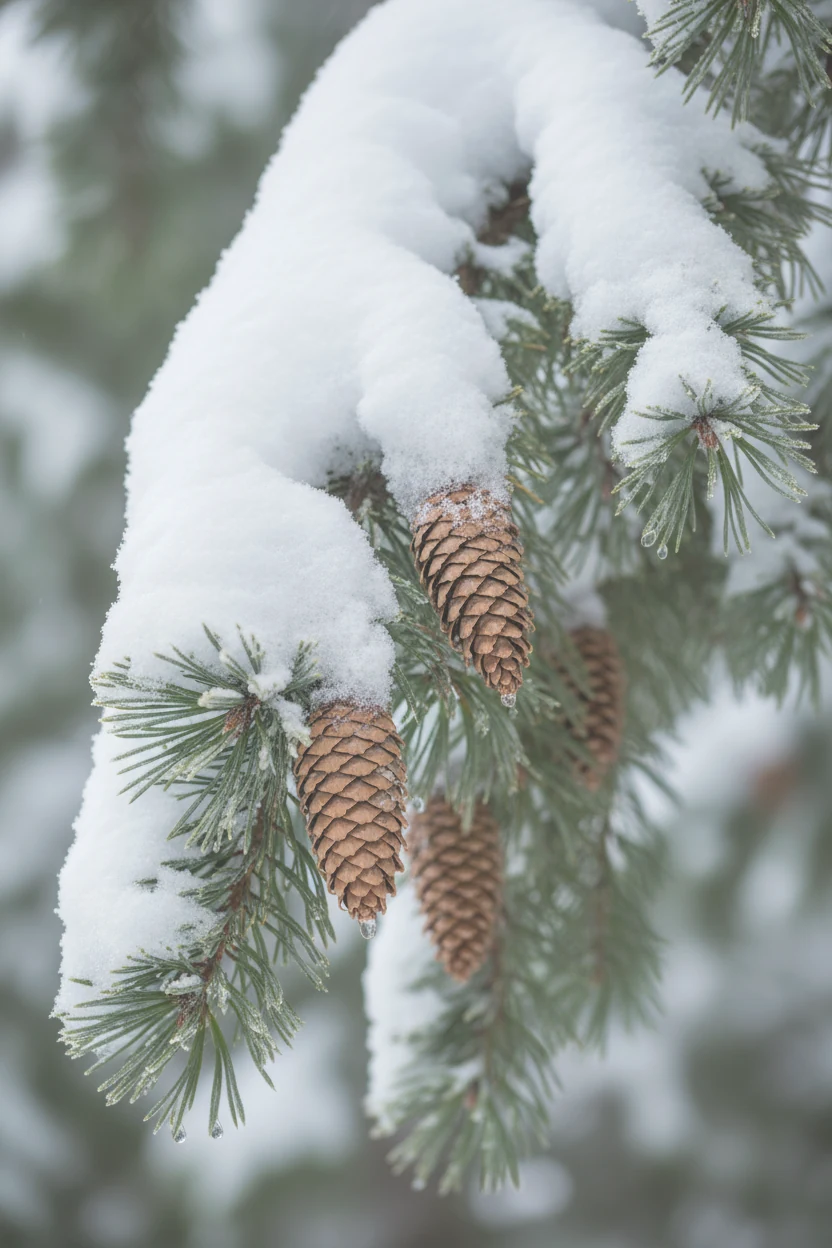 closeup of snow-covered evergreen branch with pinecones