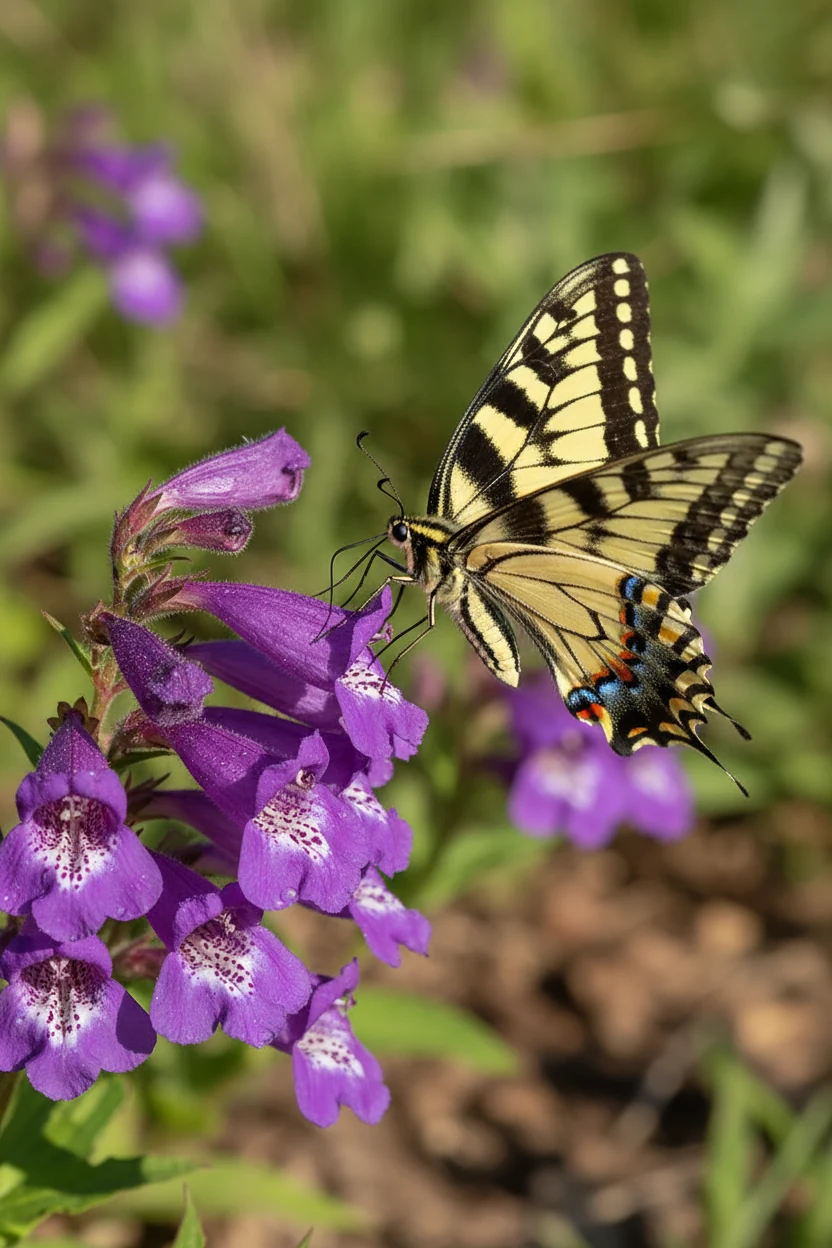 closeup of purple Rocky Mountain penstemon flowers with butterfly sipping nectar
