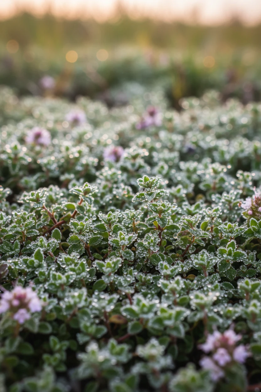 closeup of creeping thyme groundcover with dew drops