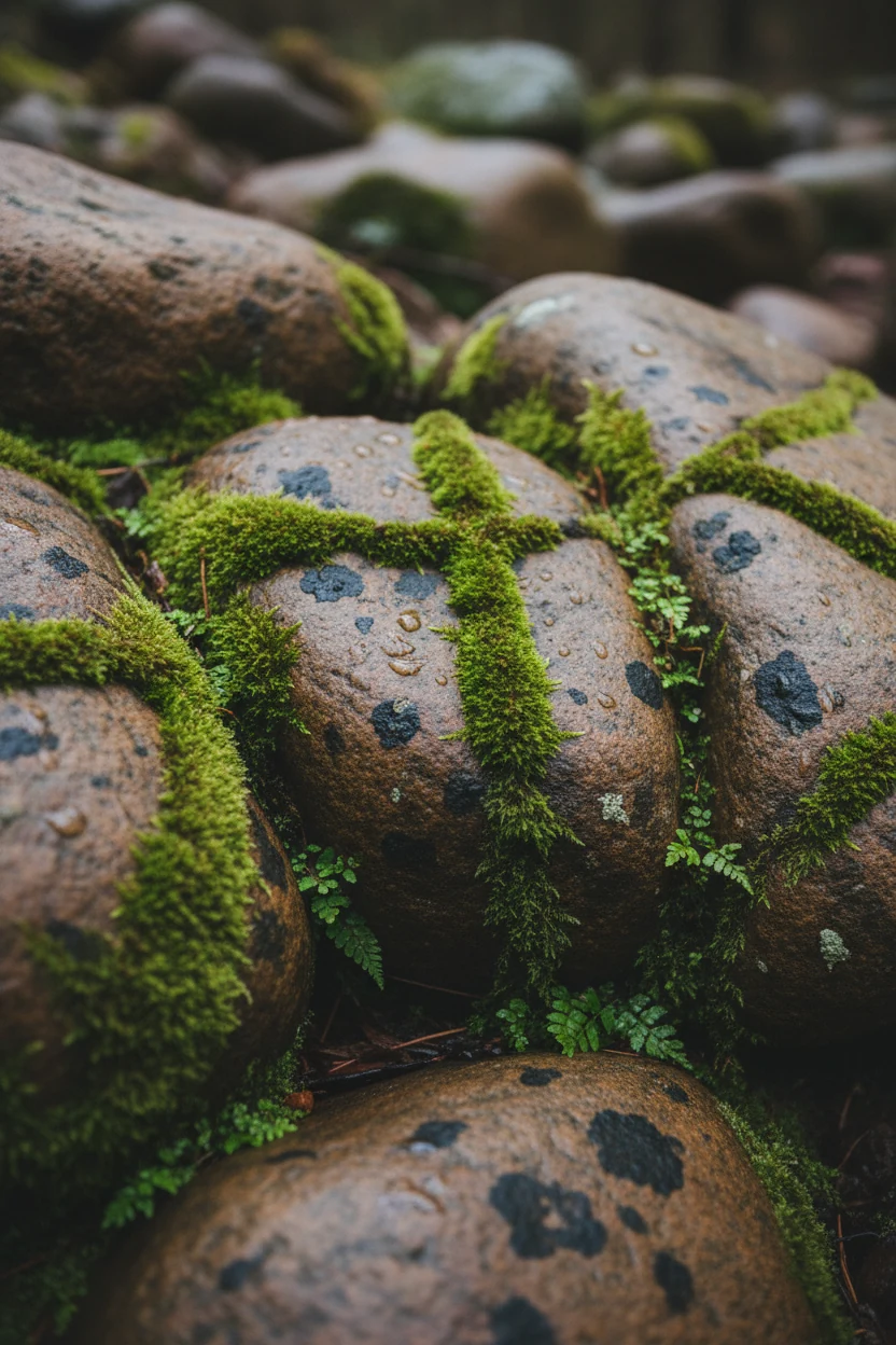 closeup of rounded weathered fieldstones with moss between cracks