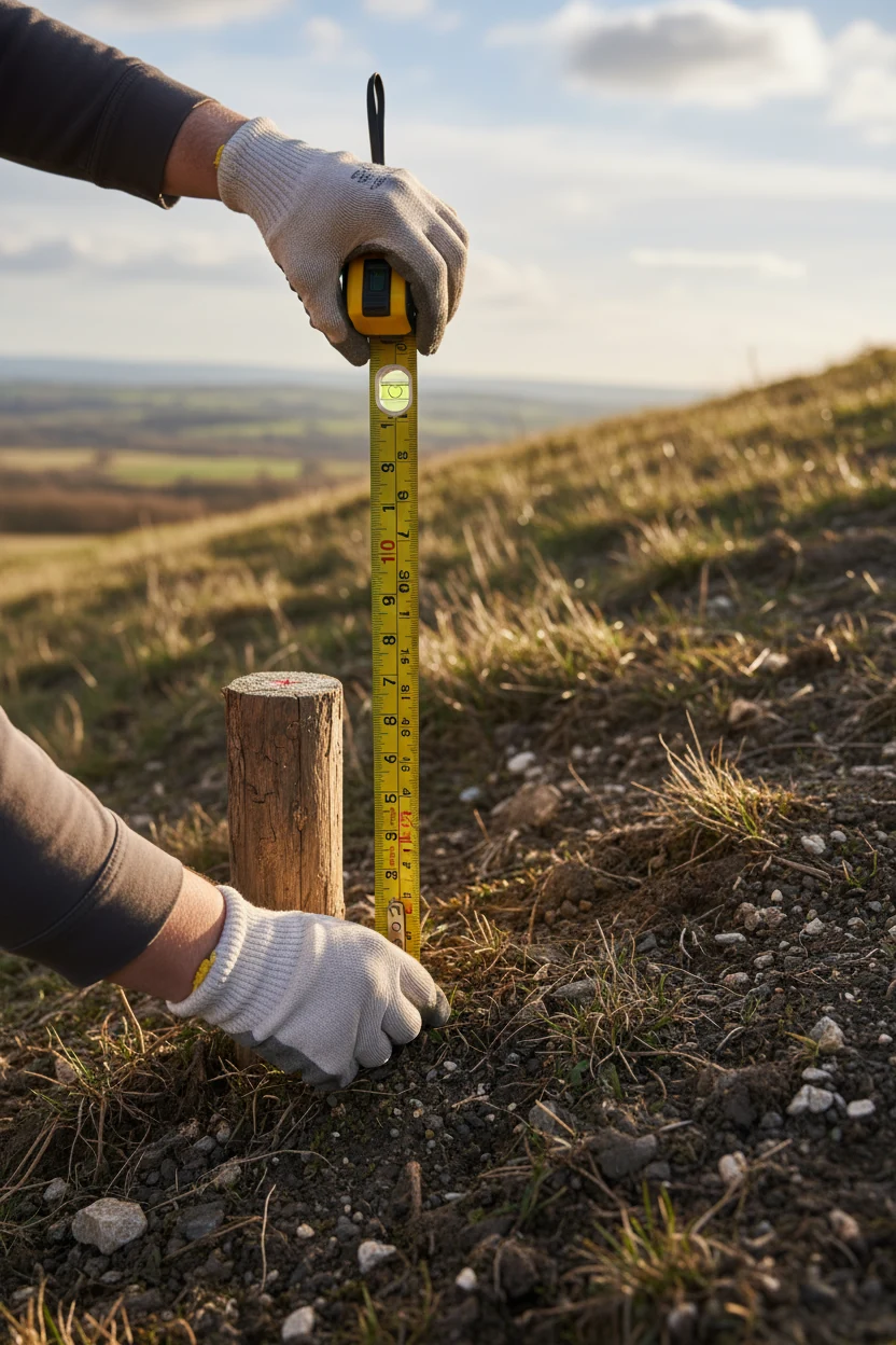 closeup of hands measuring slope with yellow tape measure