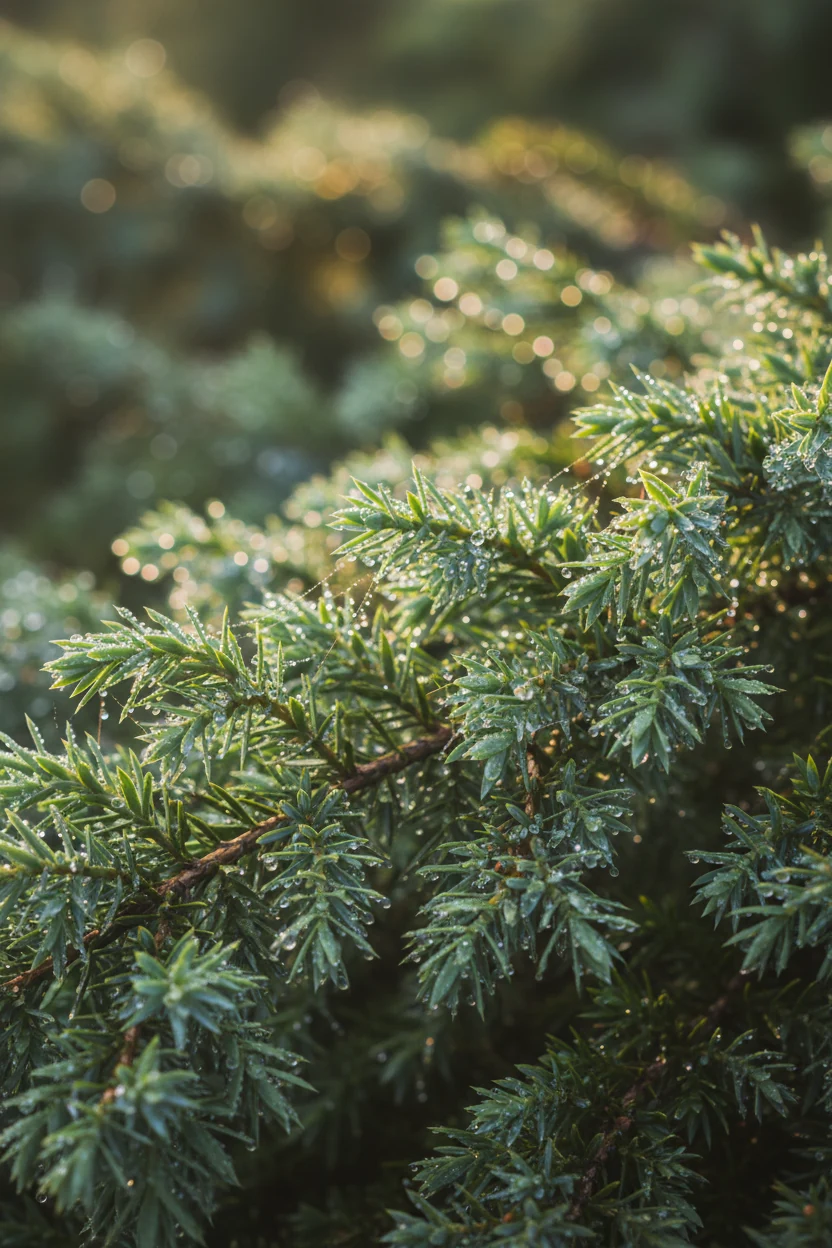 closeup of creeping juniper needles with morning dew