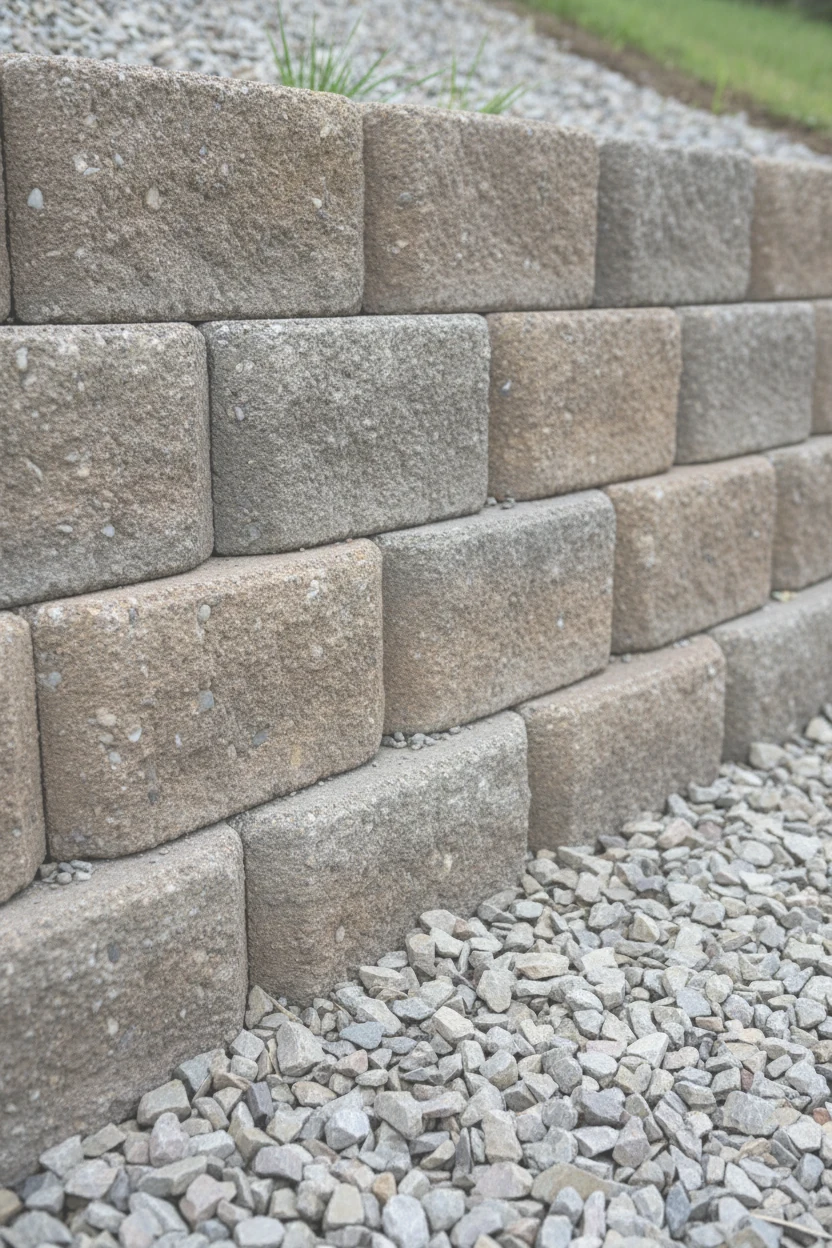 closeup of interlocking concrete retaining wall blocks with gravel base