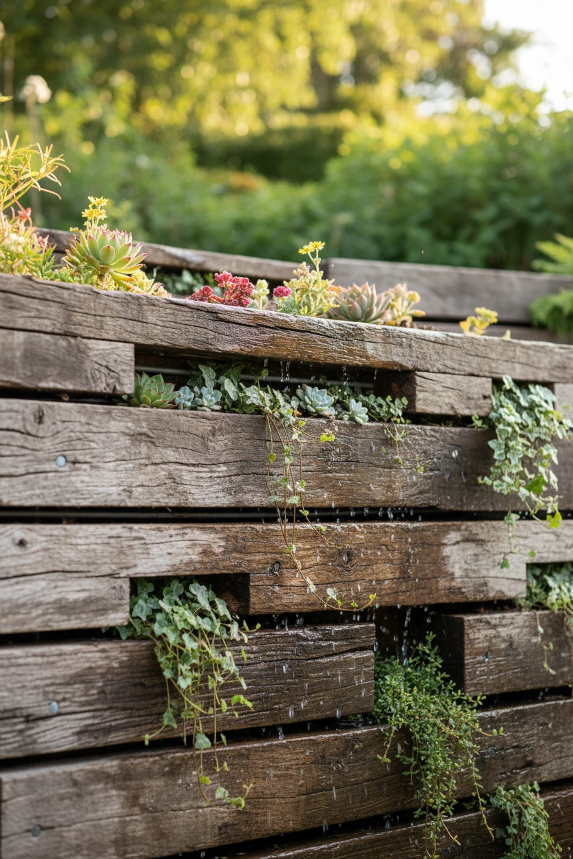 closeup of stacked reclaimed wood forming garden terrace