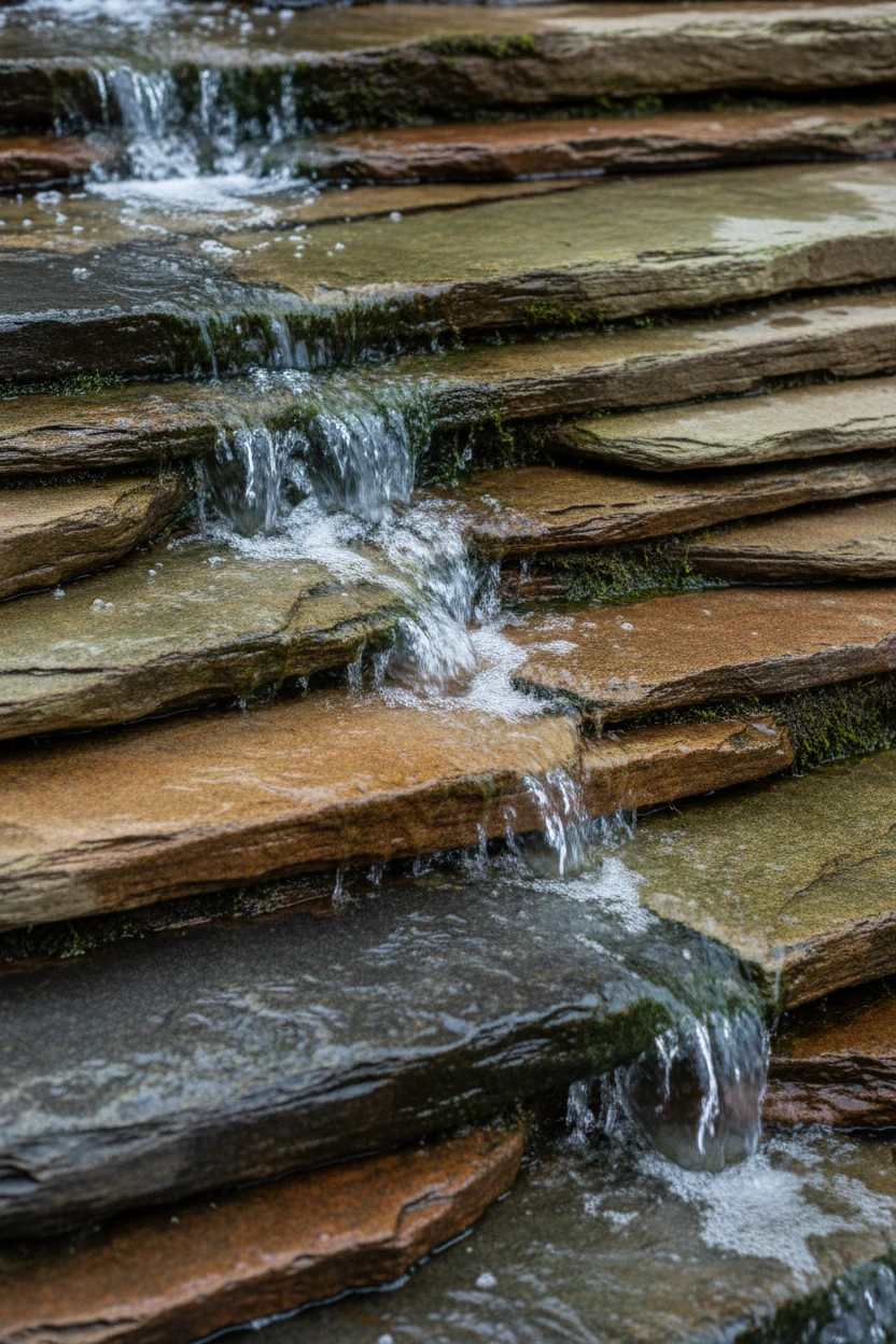 closeup of water trickling over layered river stones