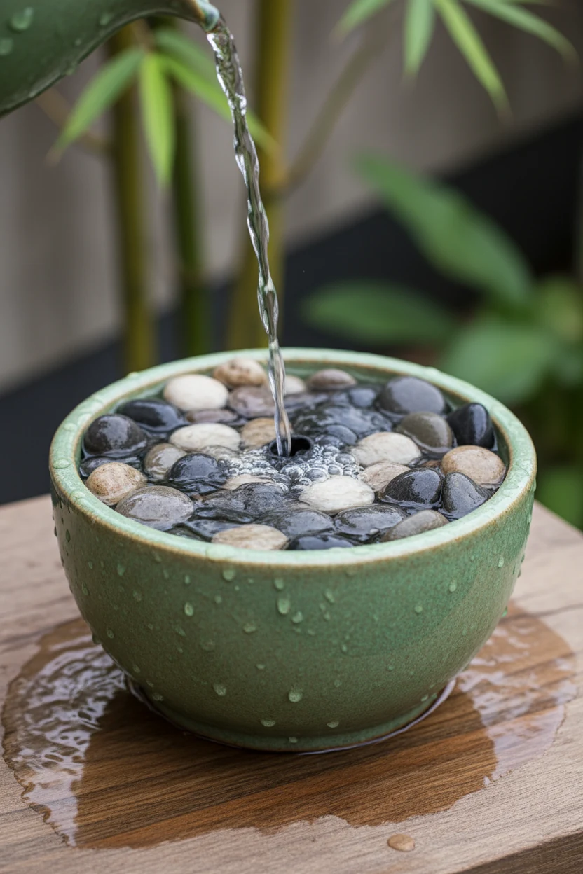 closeup of small ceramic planter filled with decorative pebbles and bubbling water stream