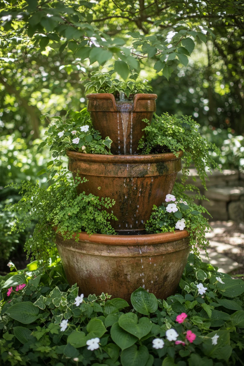 closeup of terracotta pot fountain with green plants