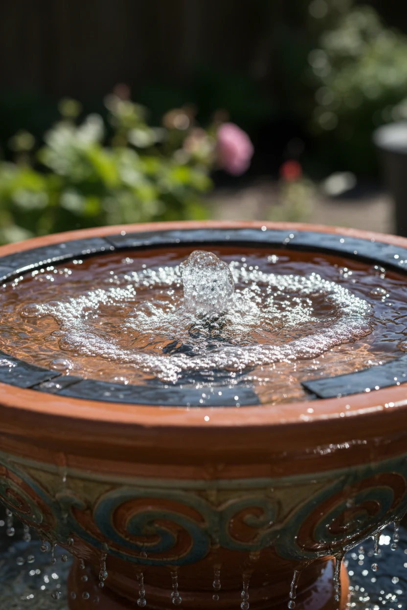 closeup of water bubbling in ceramic solar bowl fountain