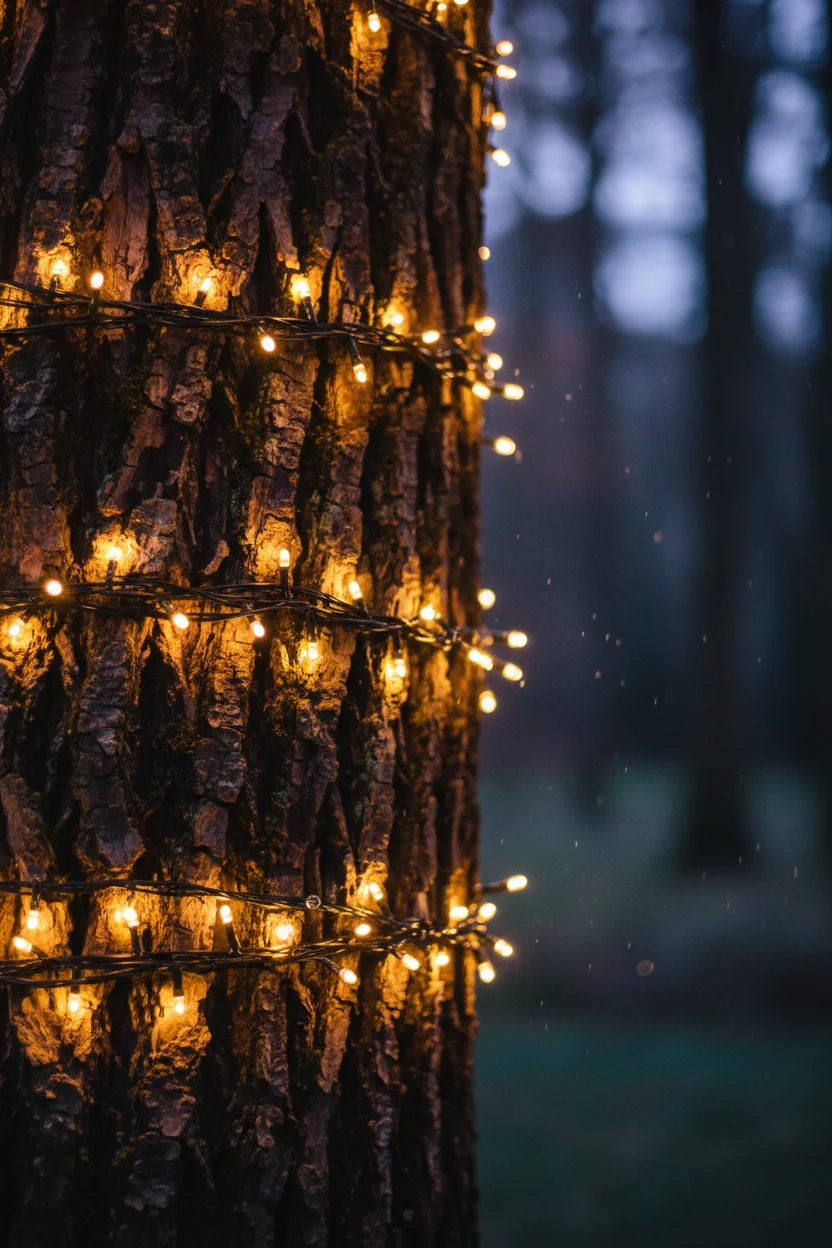 closeup of warm white string lights wrapped around tree bark at night