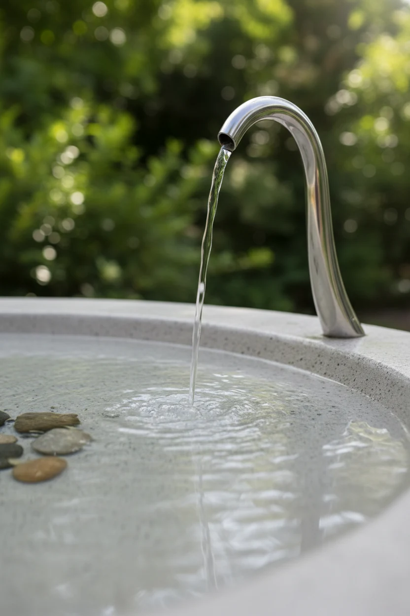 closeup of stainless steel fountain spout with water trickling into smooth concrete basin
