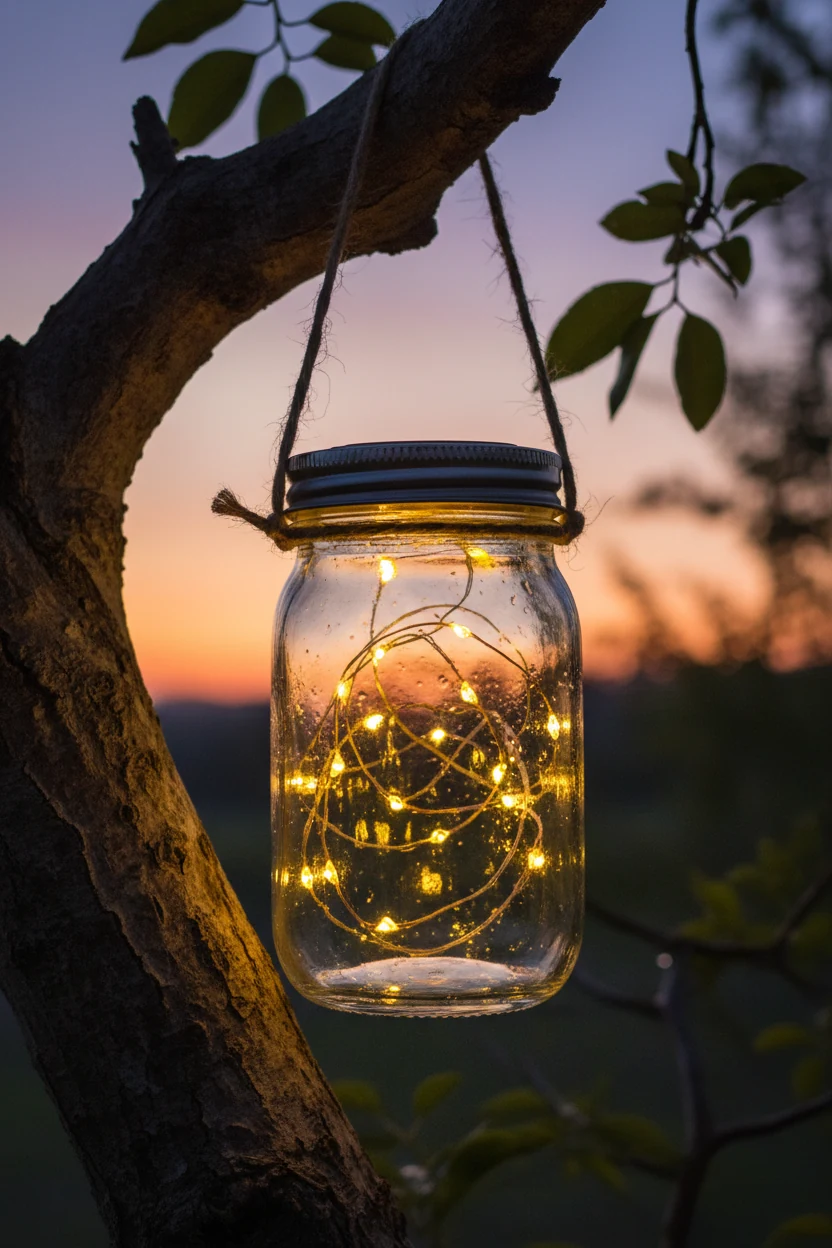 closeup of mason jar with solar lid hanging from tree branch at dusk