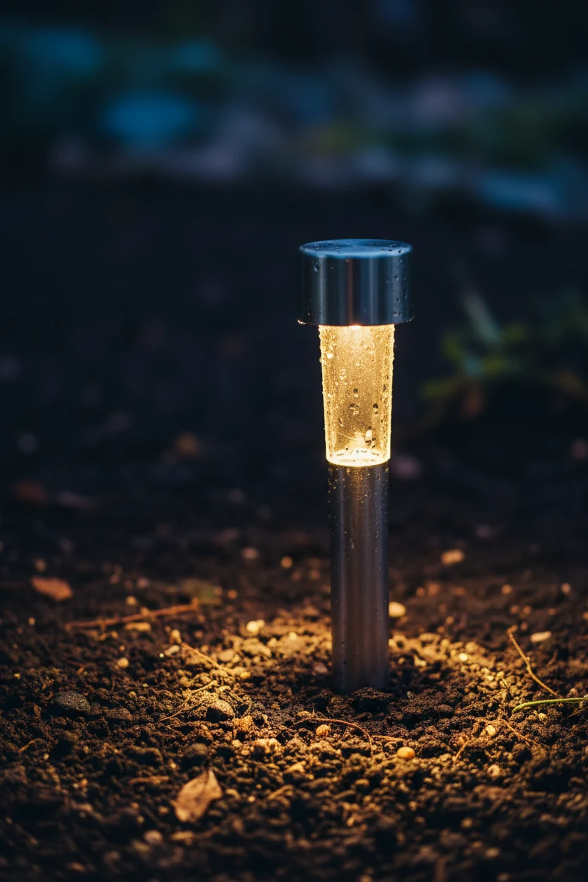 closeup of warm white LED stake light in dark soil