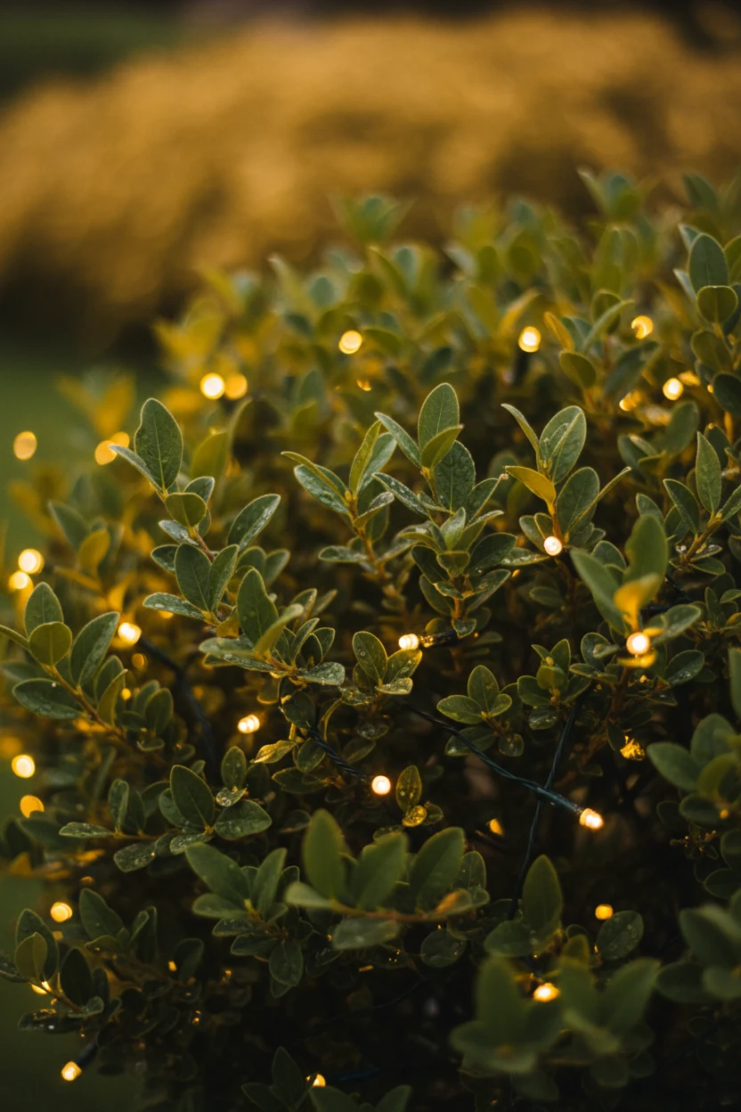 closeup of warm white fairy lights wrapped around green shrub