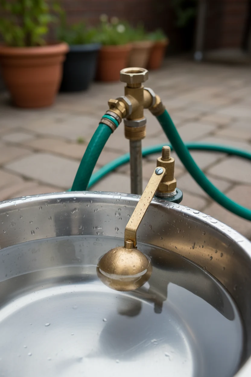 closeup stainless water bowl, brass float valve, hose splitter