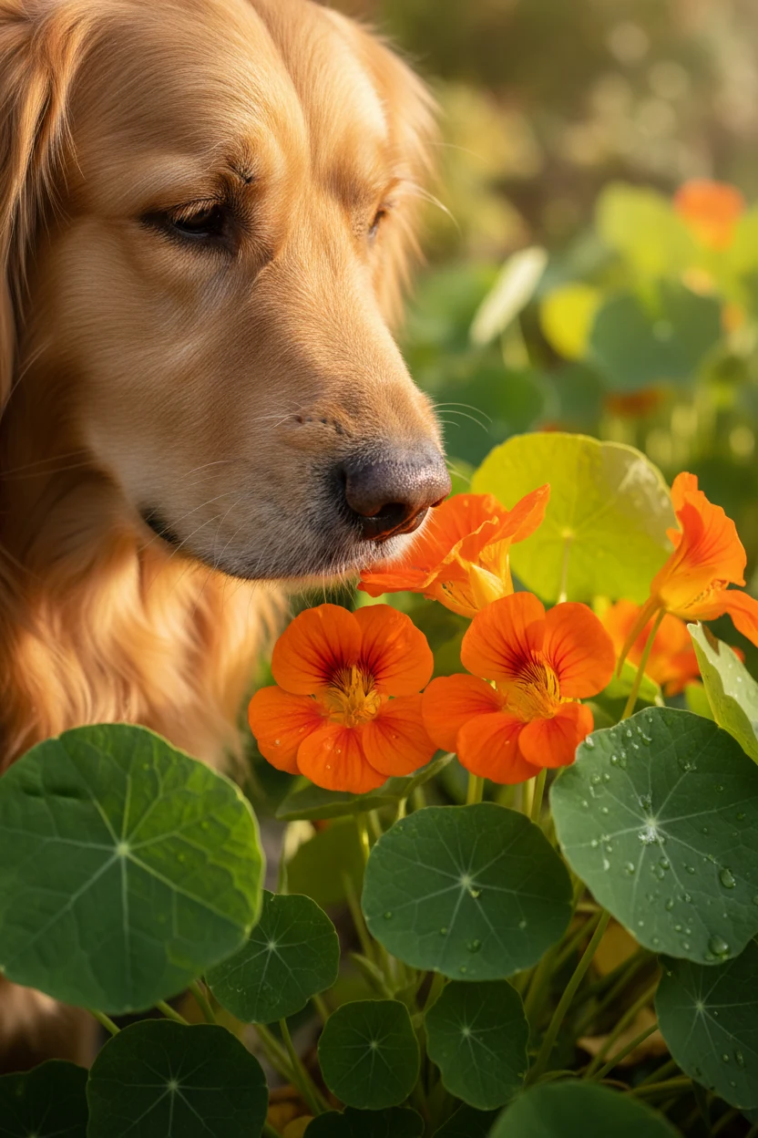 closeup golden retriever sniffing orange nasturtiums, round green leaves