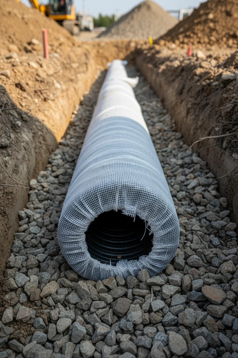 black perforated drain pipe wrapped in geotextile, gravel trench