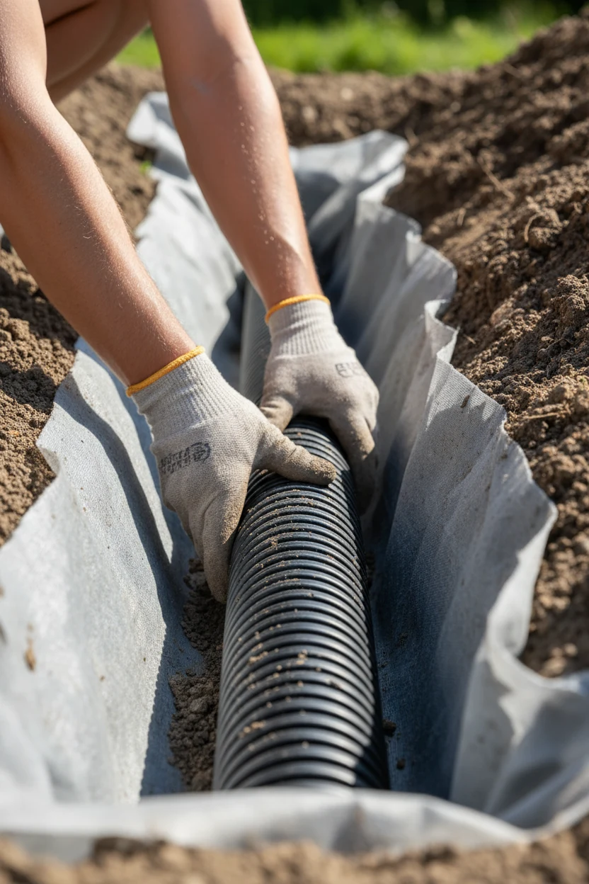 1. closeup male hands placing black perforated pipe, fabric-lined trench