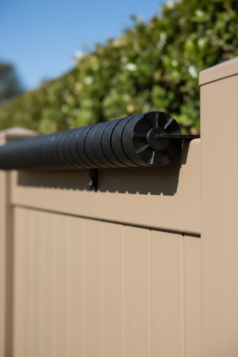 Closeup matte black coyote roller on tan vinyl fence
