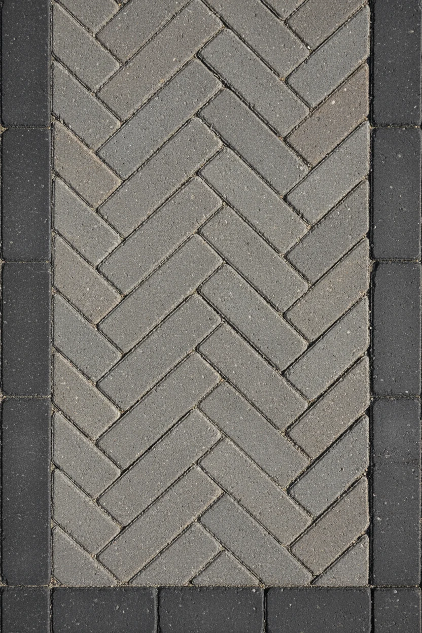 closeup mid-gray herringbone pavers with charcoal soldier-course border