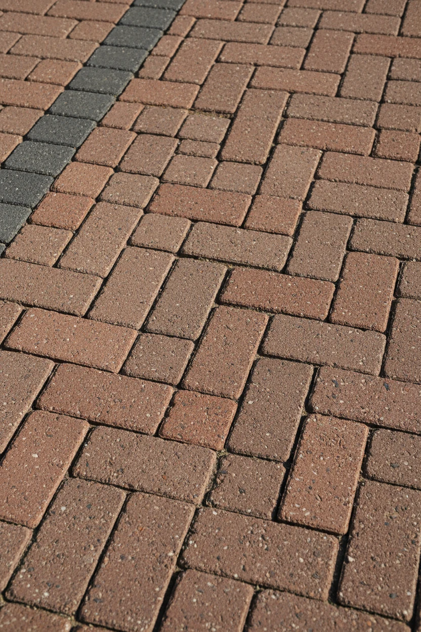 closeup diagonal herringbone pavers with charcoal soldier border