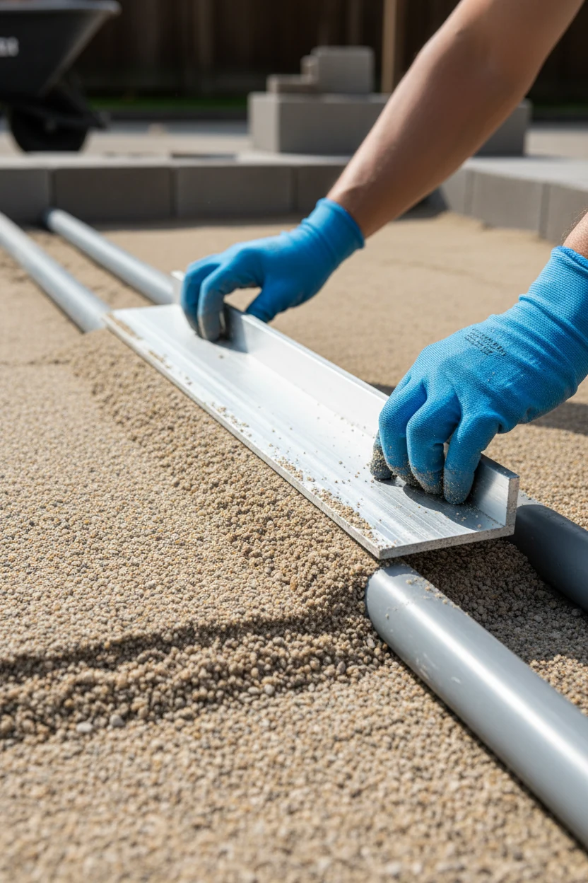 closeup gloved hands screeding 1-inch sand with PVC pipes