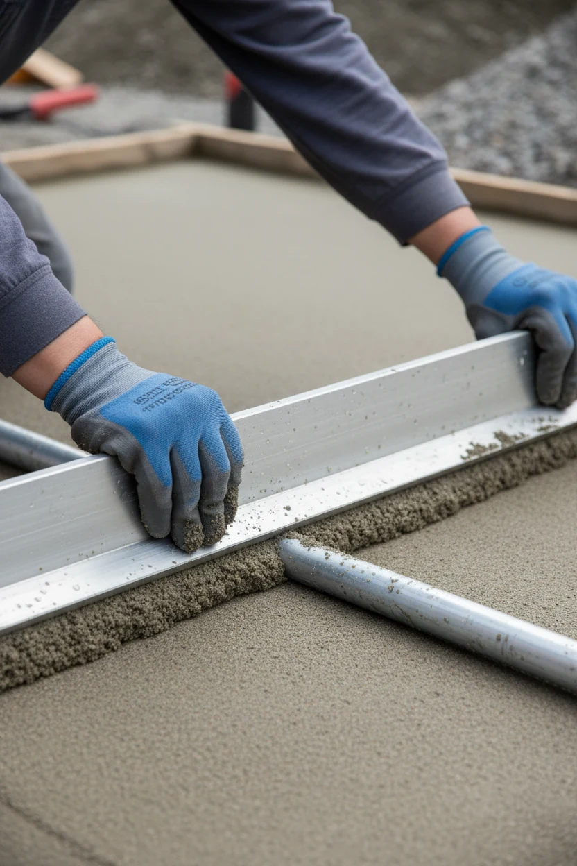 closeup hands screeding concrete sand over 1-inch metal pipes