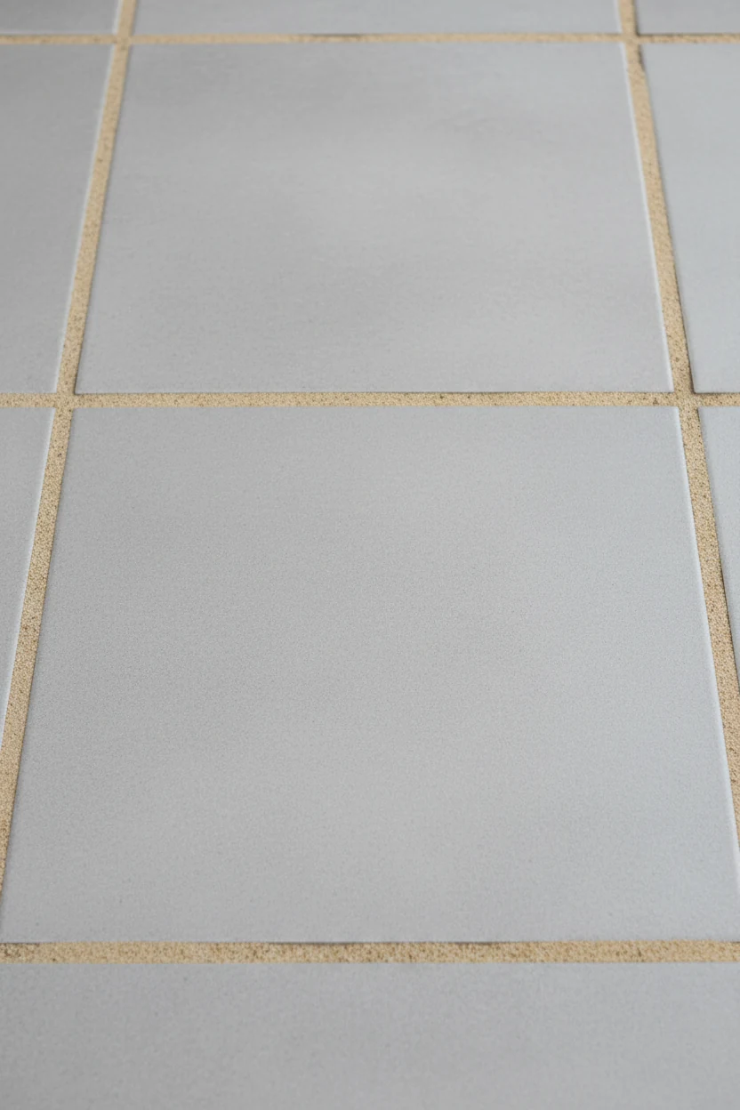 closeup matte light-gray 24x24 porcelain pavers, polymeric sand joints