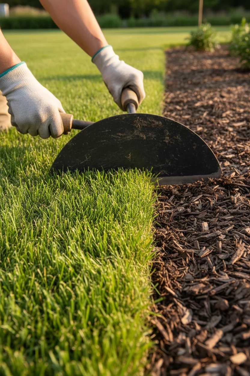 closeup half-moon edger cutting crisp lawn to mulch edge