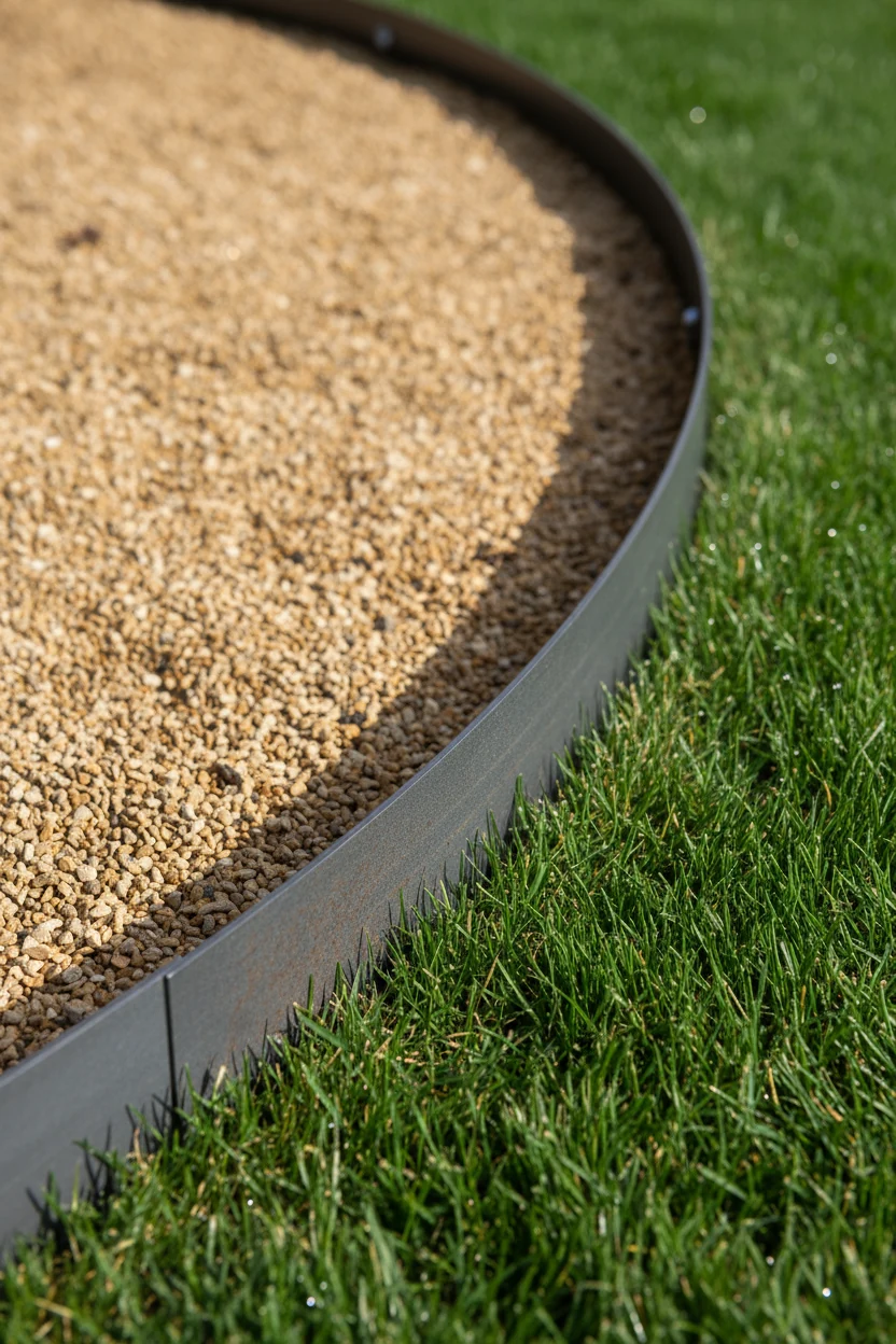closeup charcoal steel edging between decomposed granite and lawn