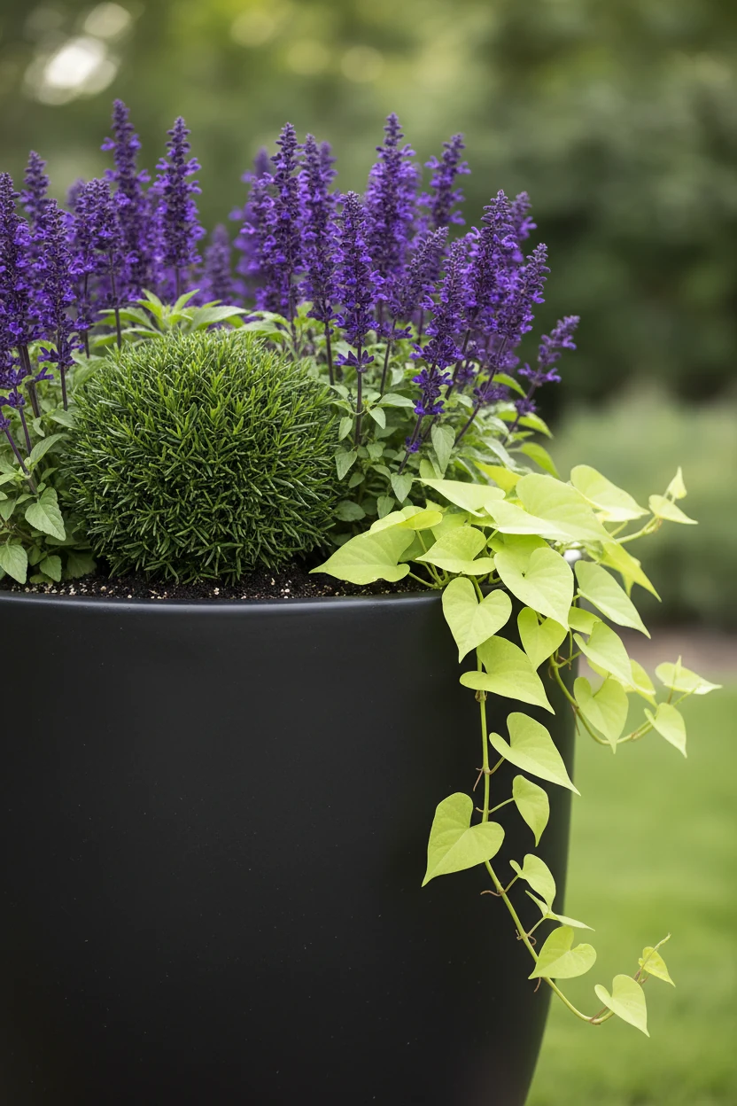 closeup matte black planter, dwarf grass, purple salvia, chartreuse vine