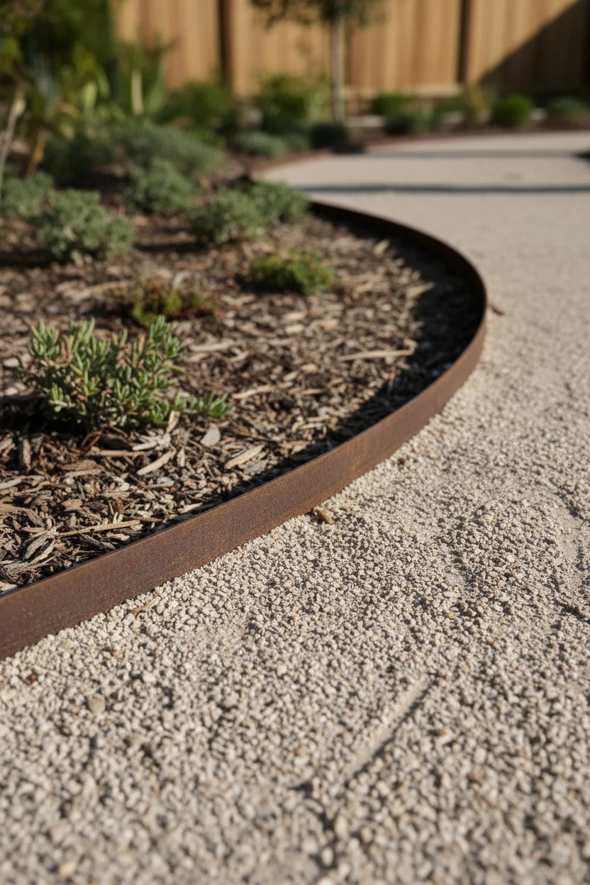 closeup of steel edging on compacted crushed granite path