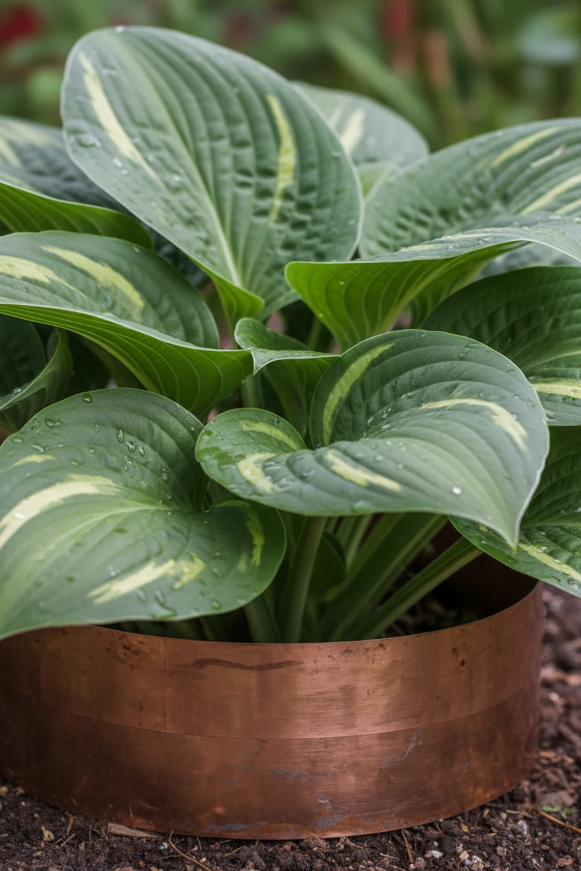 Closeup of thick hosta leaves encircled by copper tape