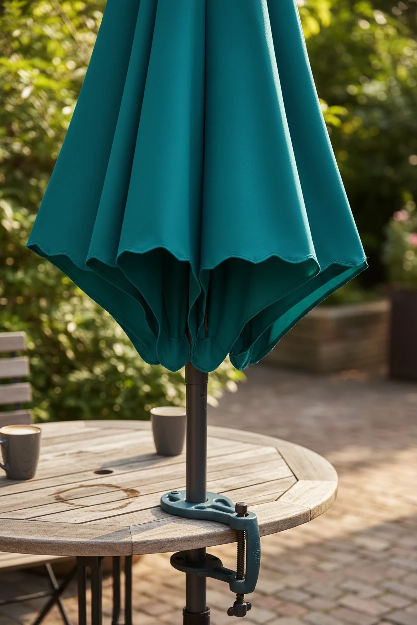 2. closeup vented teal market umbrella clamped to patio table