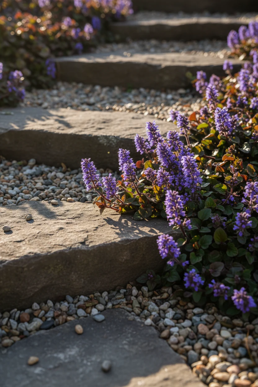 closeup ajuga between flagstone steppers in gravel, blue spikes