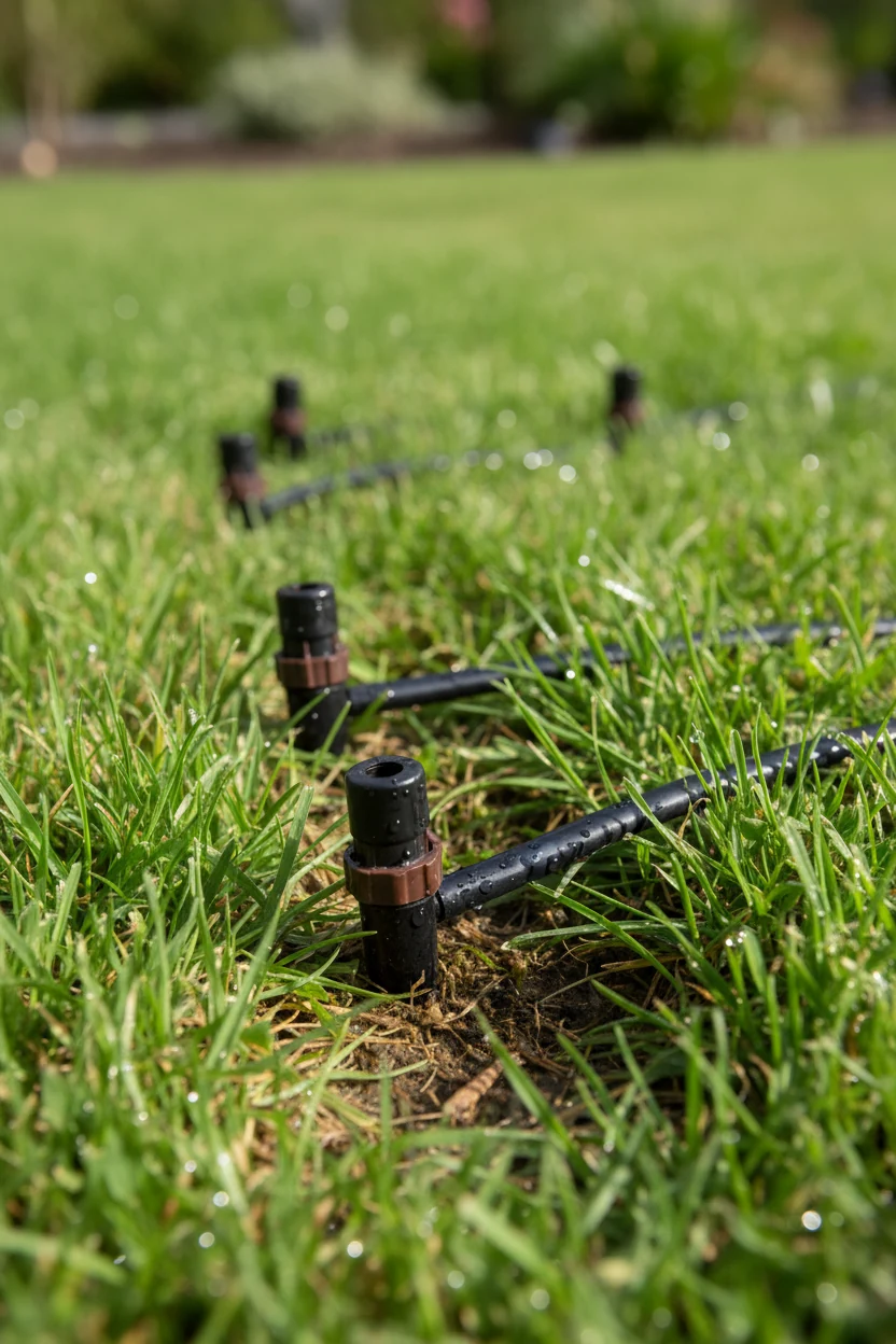 closeup pressure-compensating drip emitters at grass base