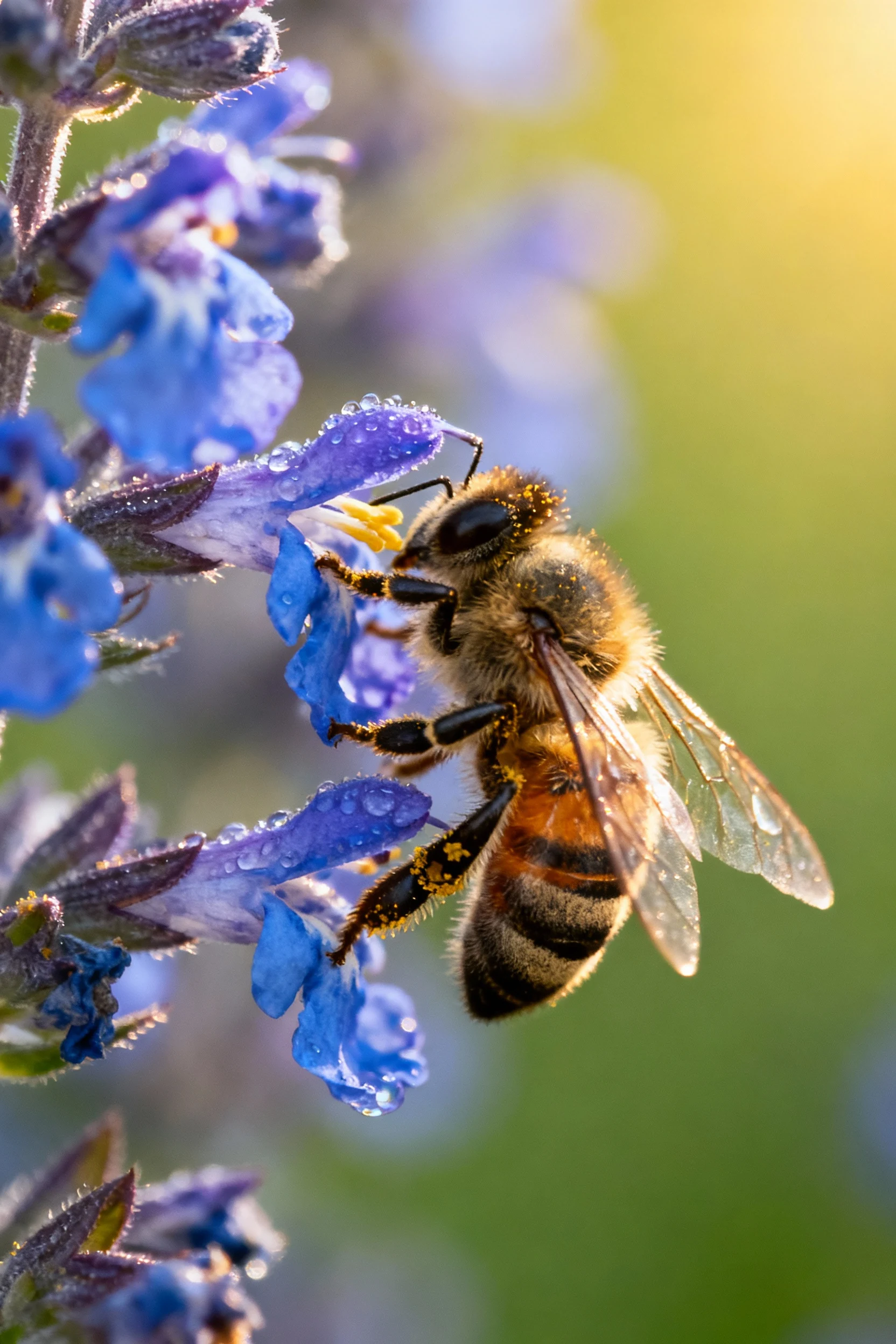 macro of honeybee on catmint blue-purple blossoms