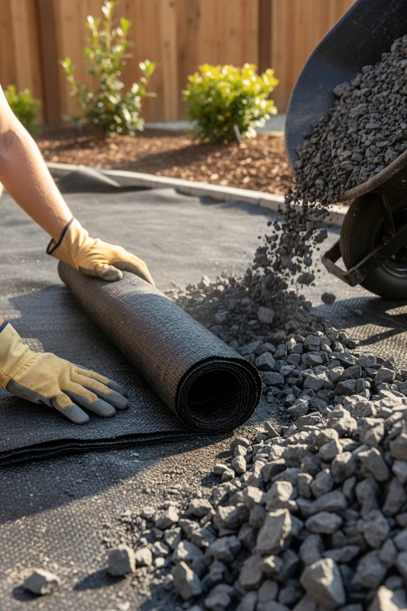 closeup hands laying landscape fabric under crushed basalt rock