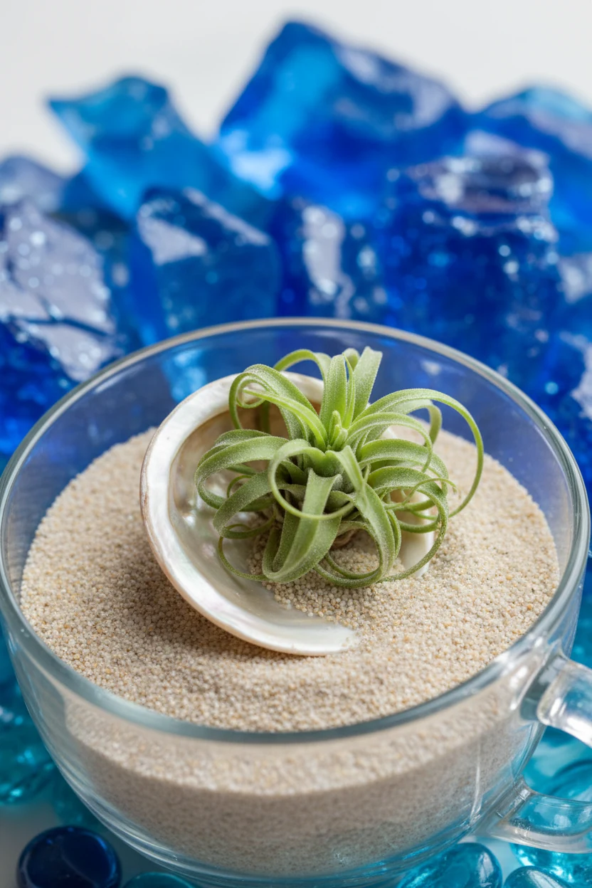 macro sand-filled teacup, air plant in seashell, blue glass