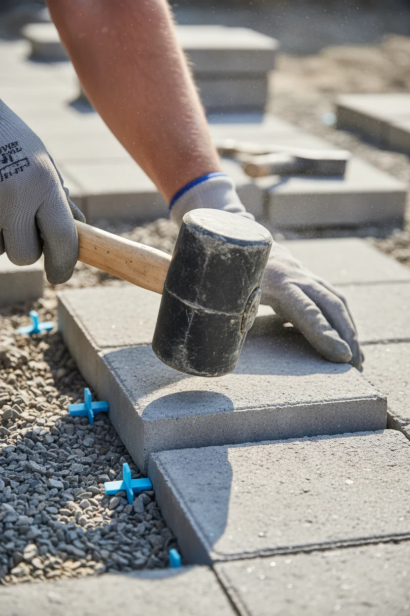 male hands tapping mid-gray slab with rubber mallet and spacers