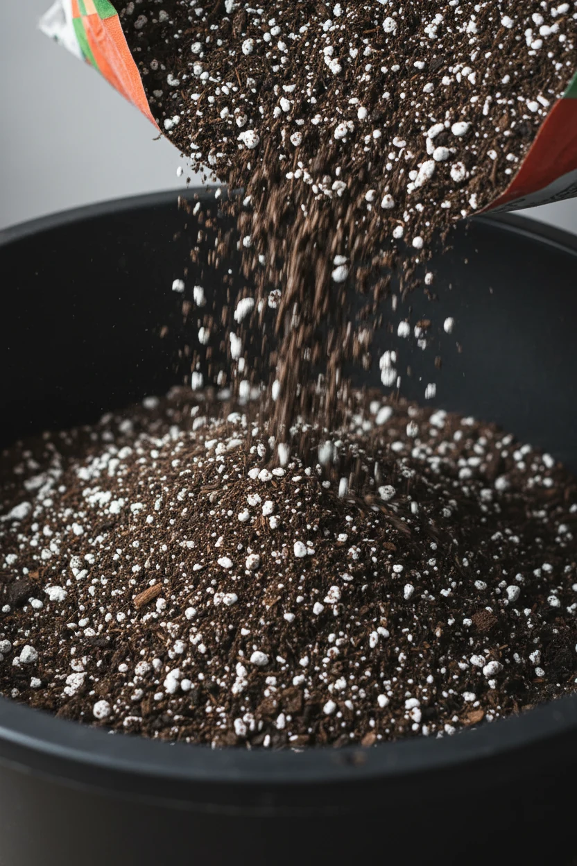 closeup potting mix with white perlite poured into tub