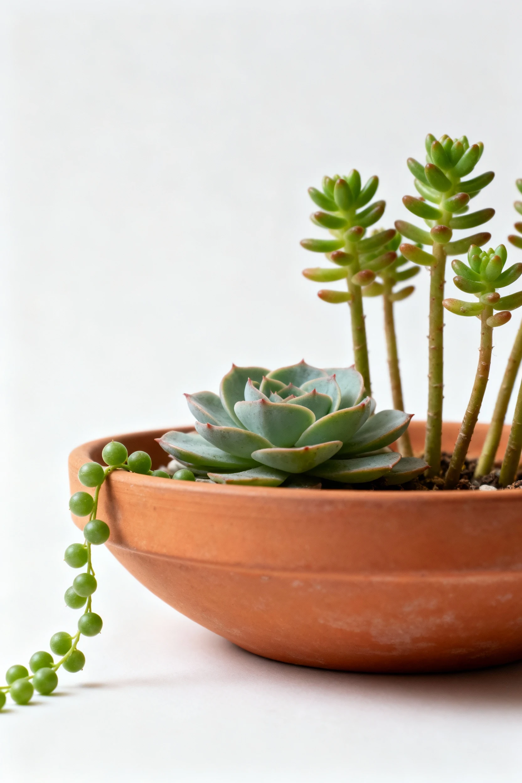 closeup shallow bowl echeveria, upright sedum, string of pearls