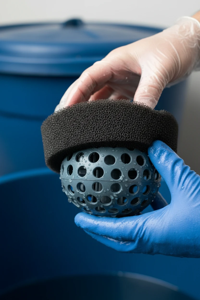 closeup hands fitting sponge pre-filter on submersible pump basket