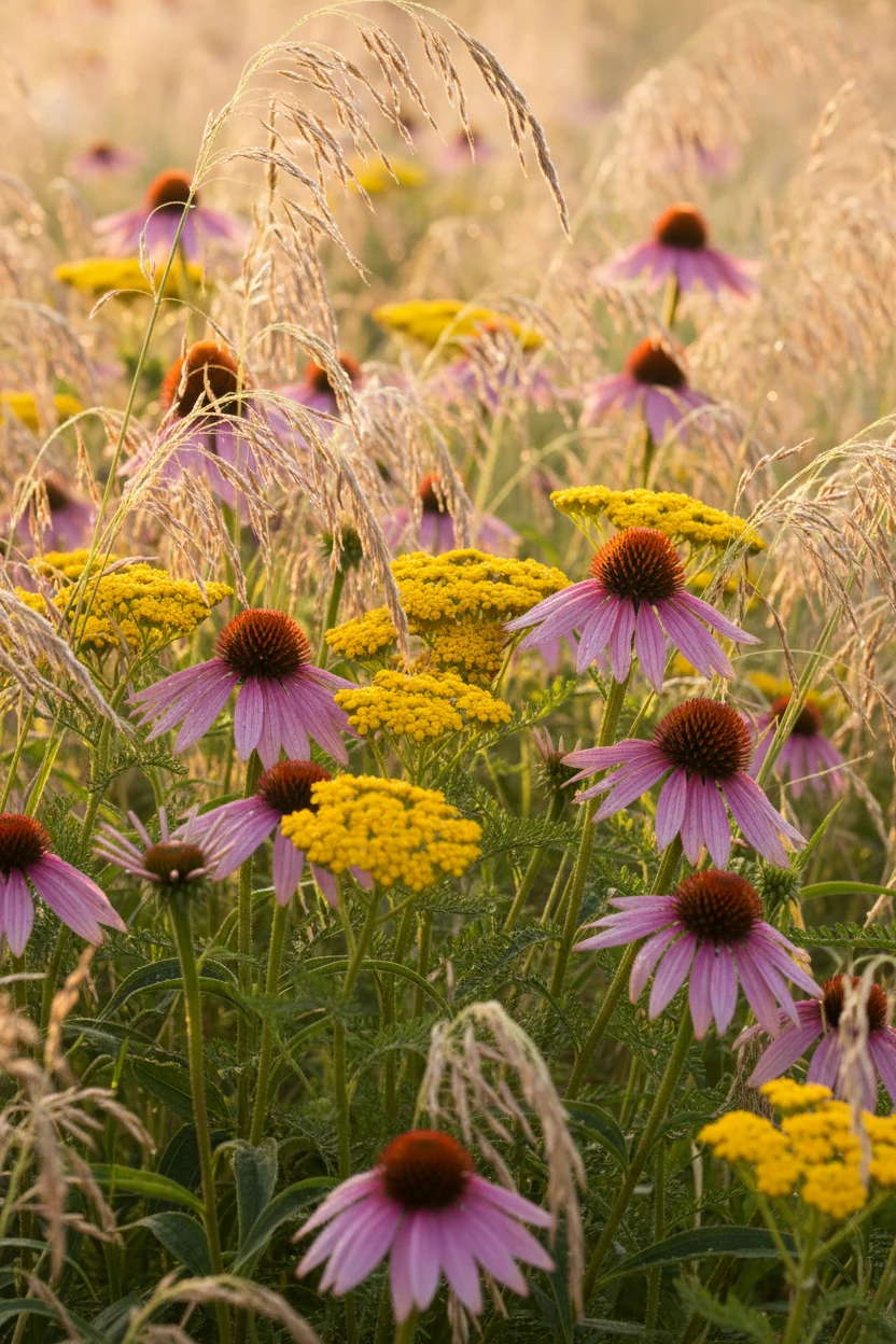 closeup echinacea and moonshine yarrow with switchgrass