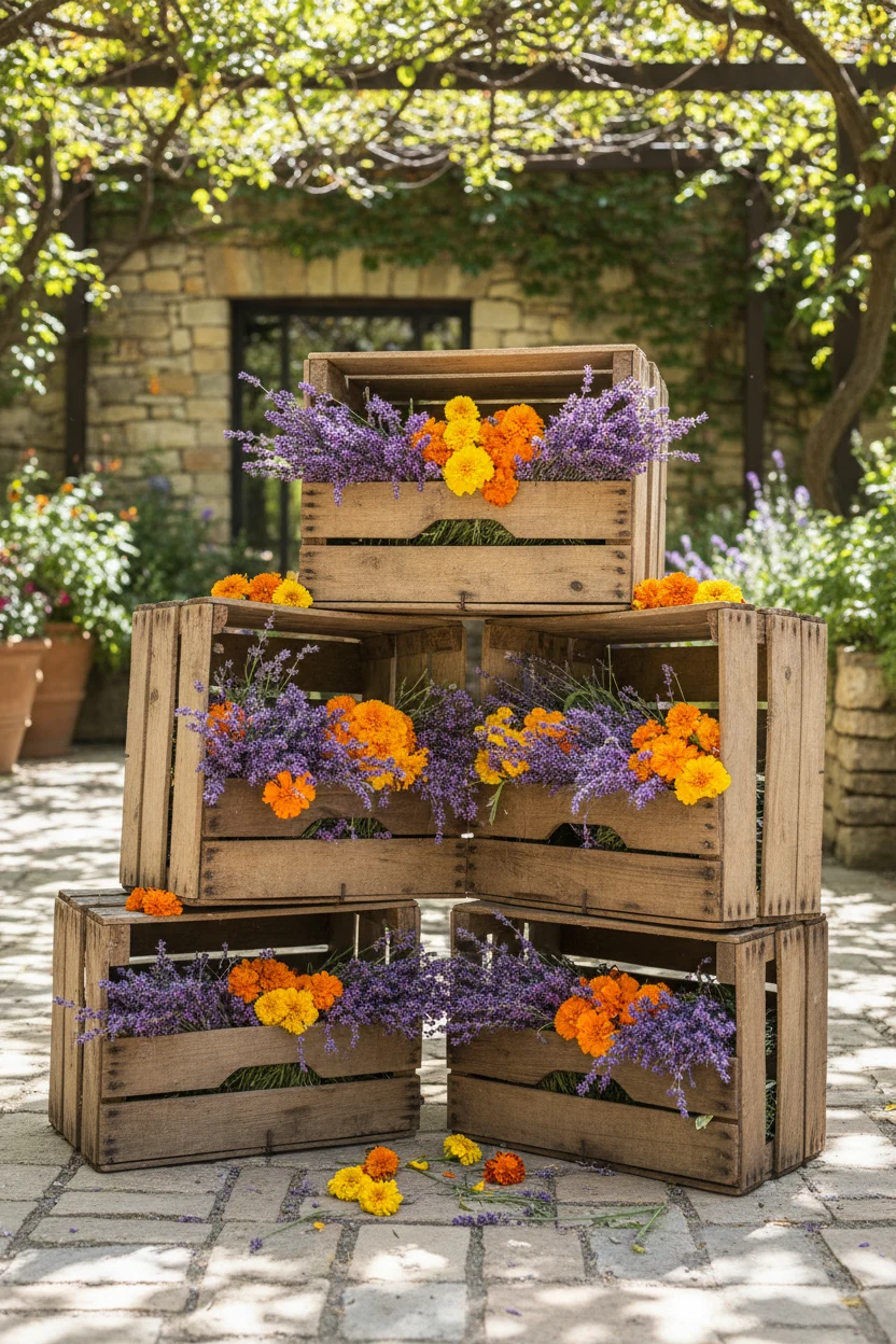 stacked wooden crates holding lavender and marigolds