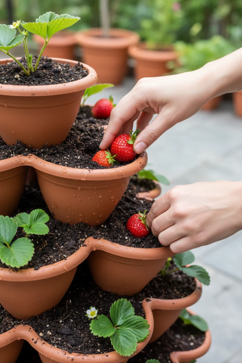 hands arranging strawberries in stacked tower planter with moist soil