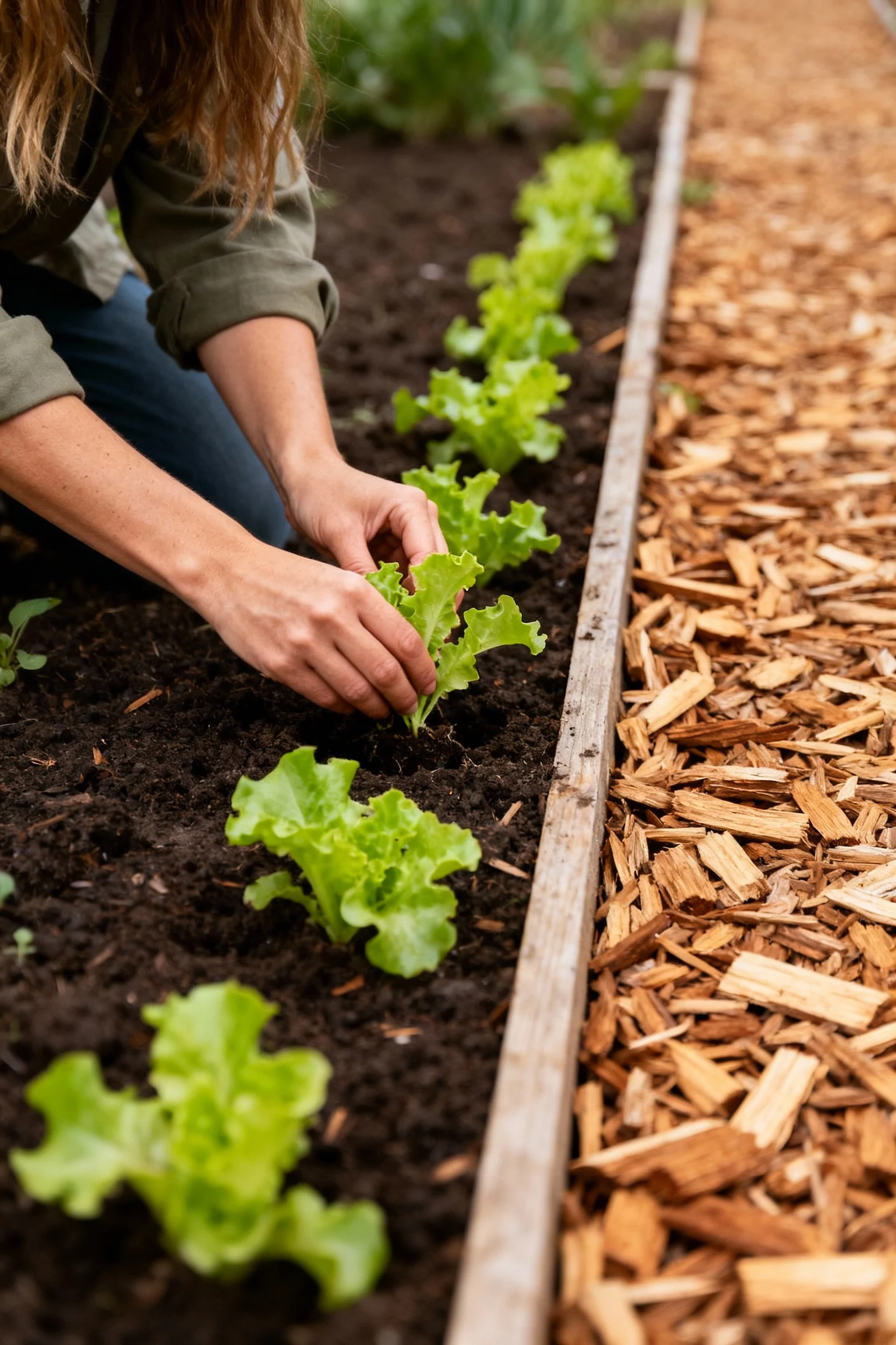 female hands planting lettuce along south edge, wood chip path