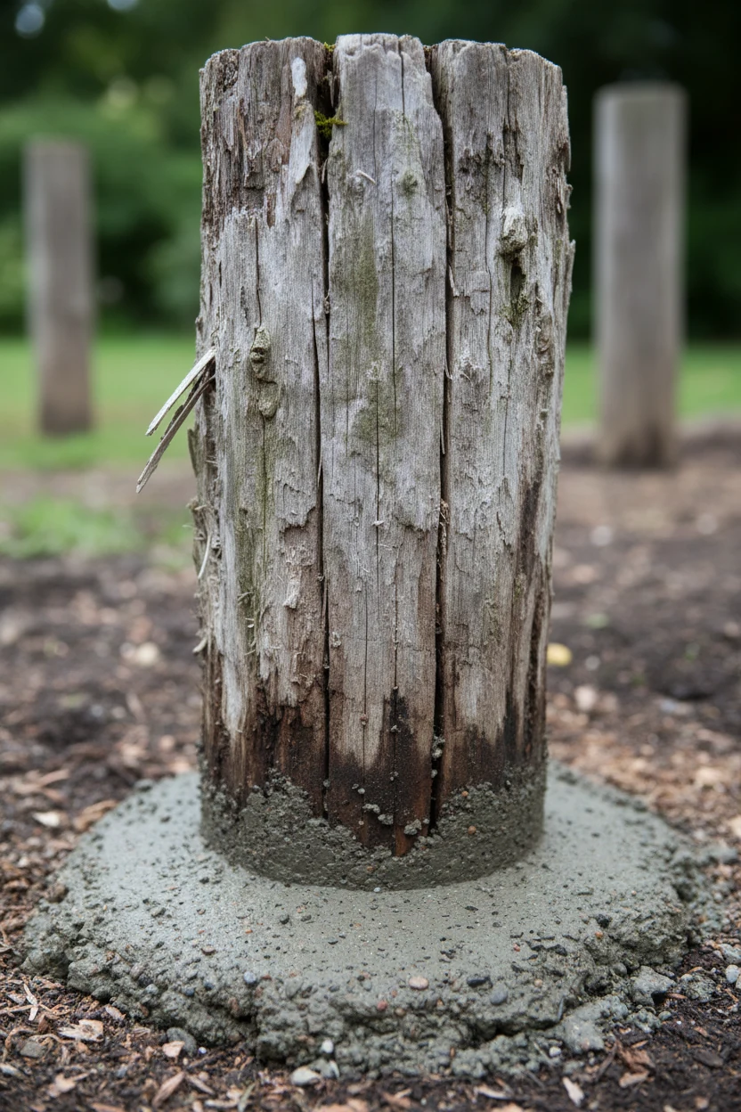 closeup of weathered cedar fence post with fresh concrete base