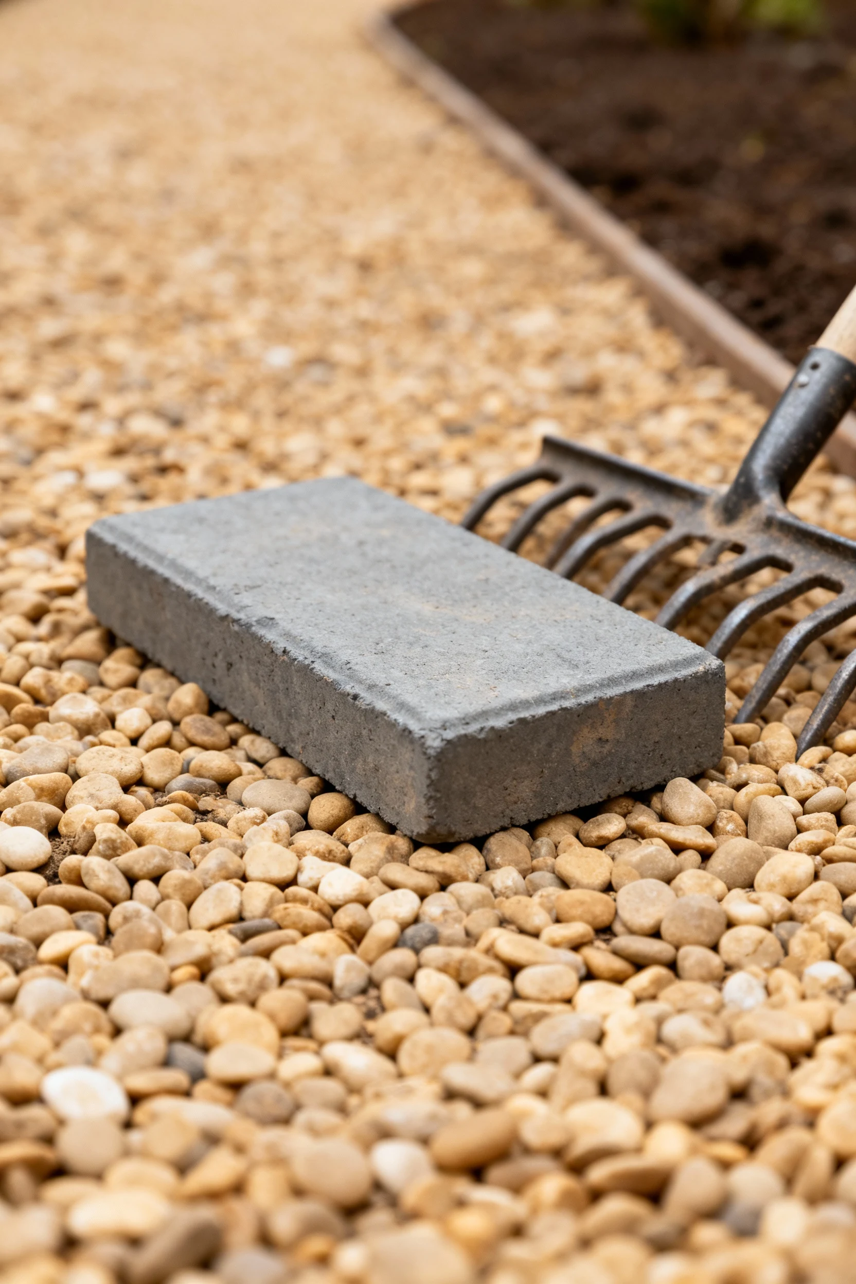 2. closeup gray paver on tan pea gravel path, metal rake